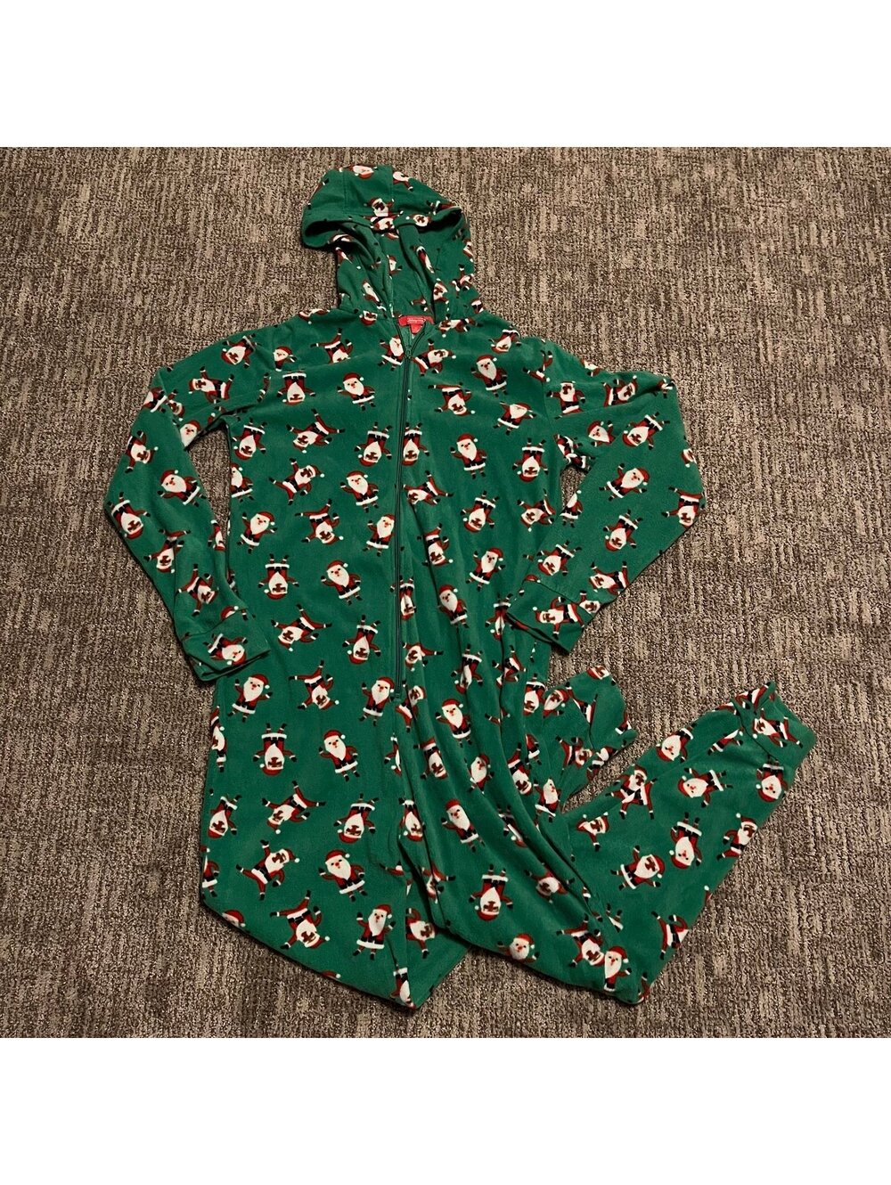 Adult Christmas one piece pajamas, Medium, Santa, hooded, green